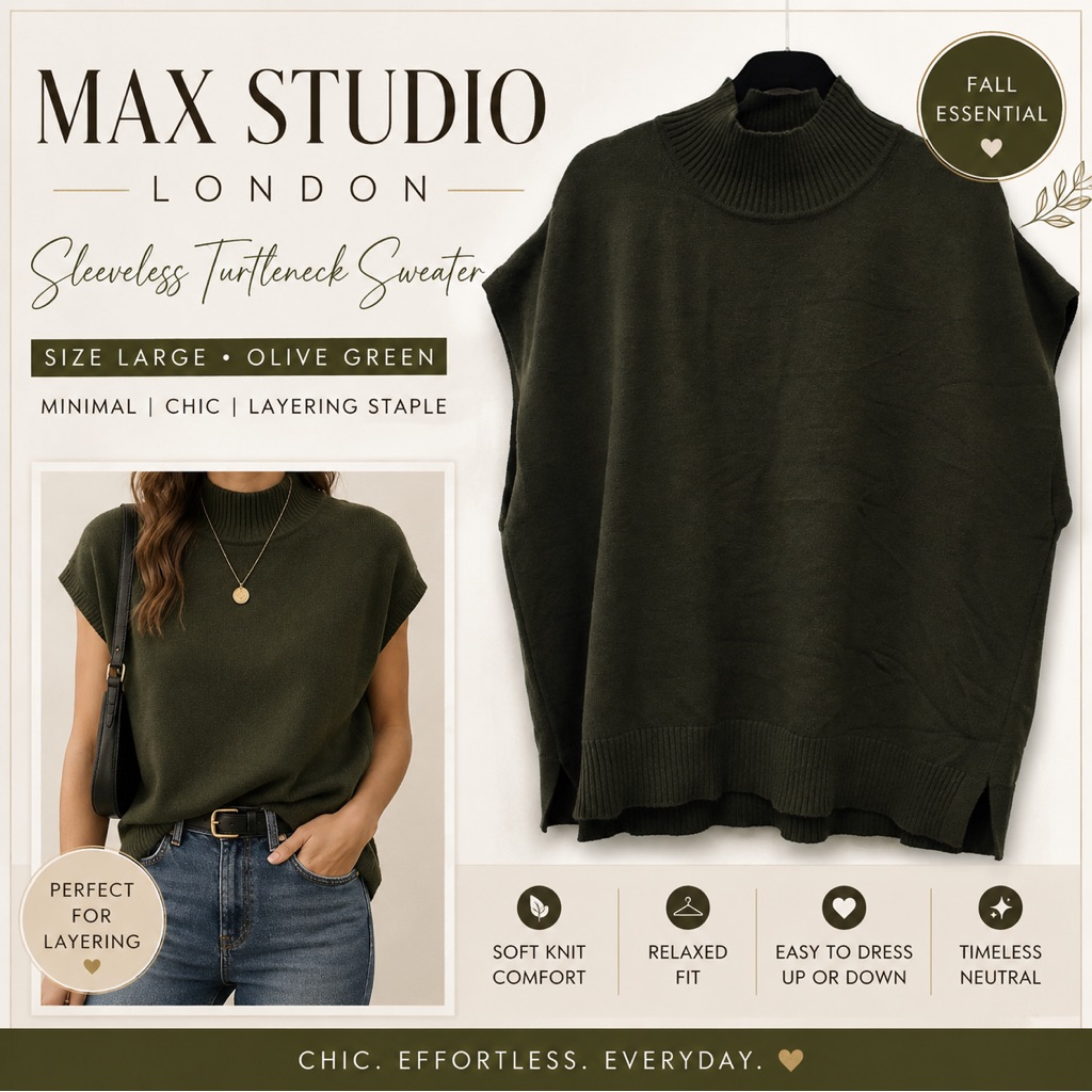 Max Studio London Sleeveless Turtleneck Sweater Vest Olive Green Size L